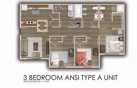 Floor plan for 3 beds, 2 baths, 1143 sqft